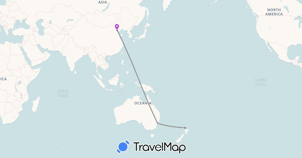 TravelMap itinerary: driving, plane, train in Australia, China, New Zealand (Asia, Oceania)