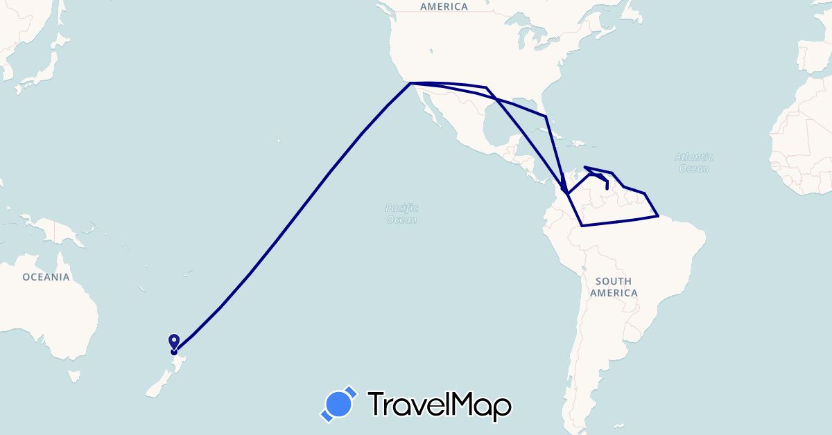 TravelMap itinerary: driving in Brazil, Colombia, Curaçao, French Guiana, Guyana, New Zealand, Suriname, Trinidad and Tobago, United States, Venezuela (North America, Oceania, South America)